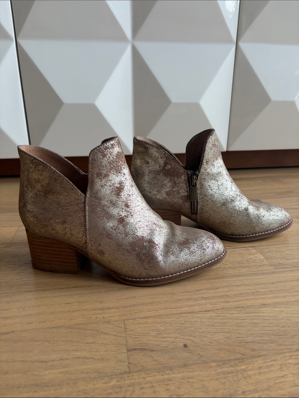 Metallic Taupe Ankle Booties with Low Block Heel